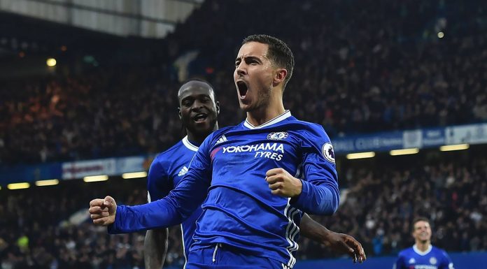 Hazard celebrating his goal against Man Utd