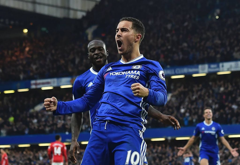 Hazard celebrating his goal against Man Utd