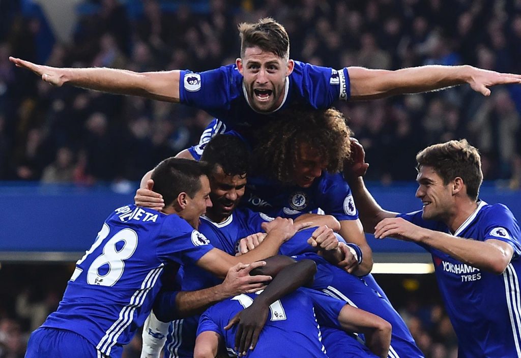 Chelsea celebrate against Man Utd