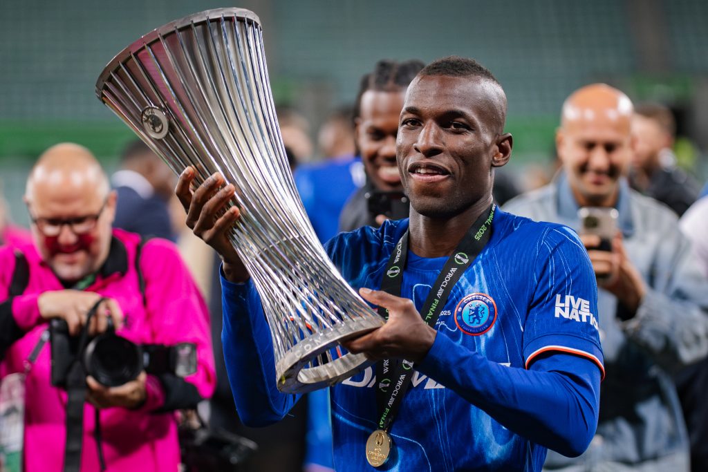 Nicolas Jackson of Chelsea celebrates conference league win with trophy