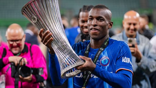 Nicolas Jackson of Chelsea celebrates conference league win with trophy