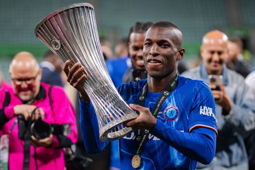 Nicolas Jackson of Chelsea celebrates conference league win with trophy