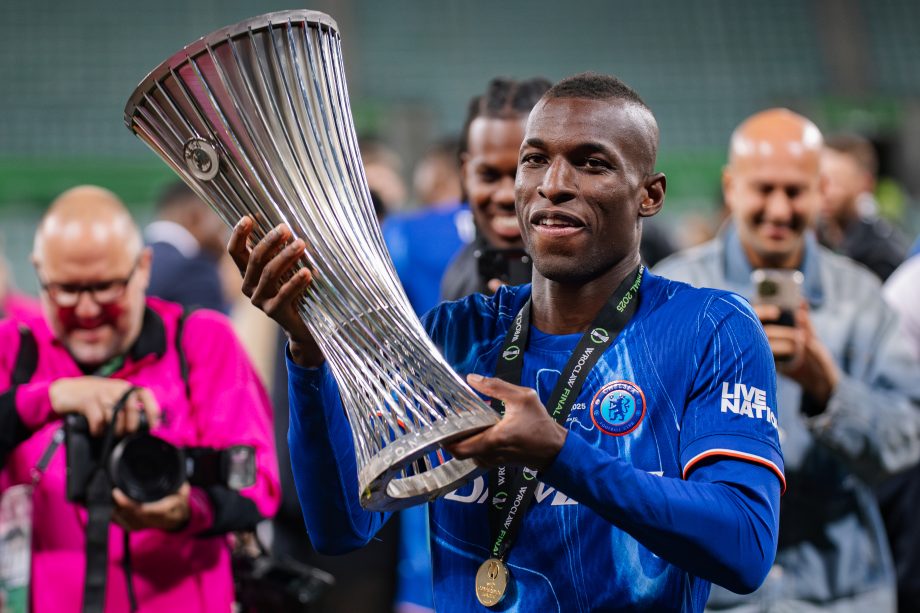 Nicolas Jackson of Chelsea celebrates conference league win with trophy