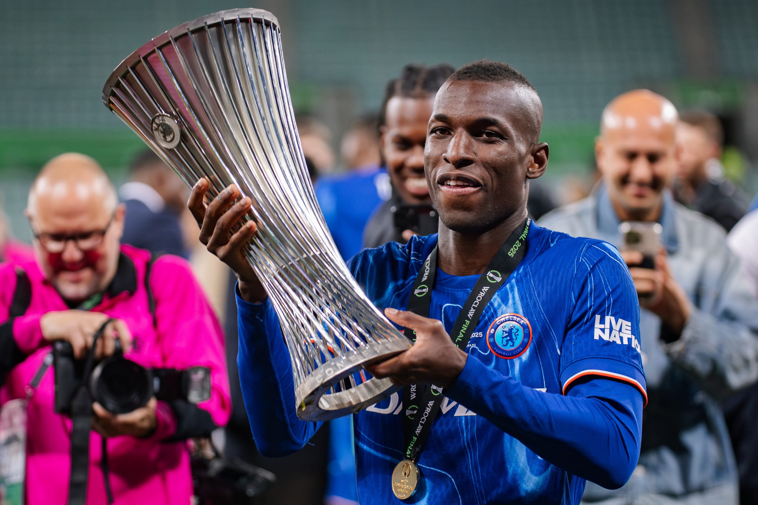 Nicolas Jackson of Chelsea celebrates conference league win with trophy Nicolas Jackson of Chelsea celebrates conference league win with trophy