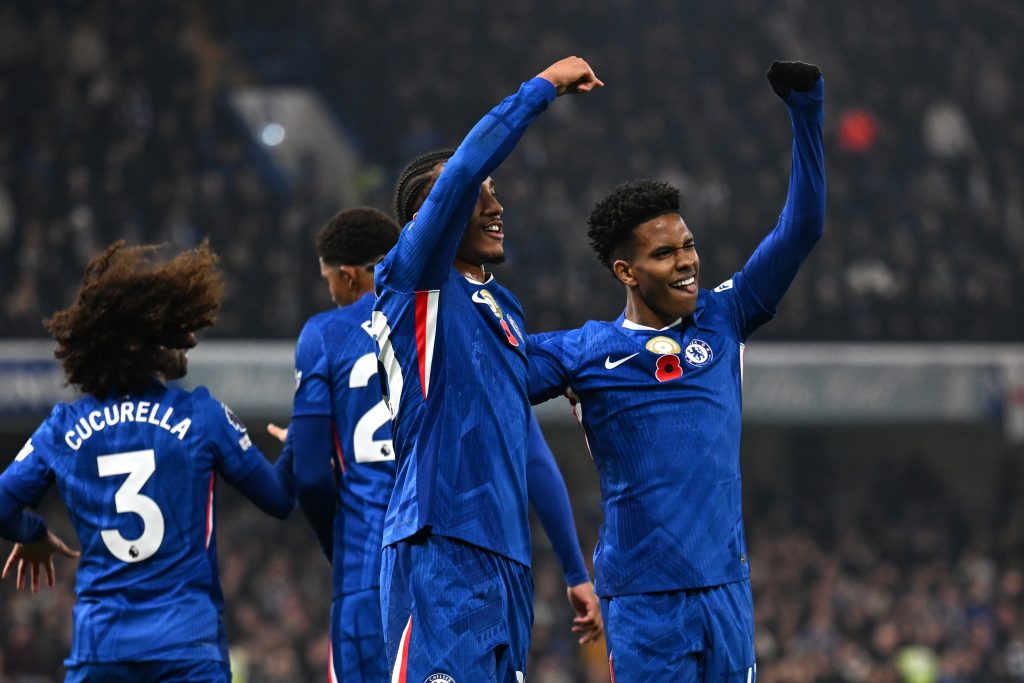 Joao Pedro and Estevao celebrate vs Wolves