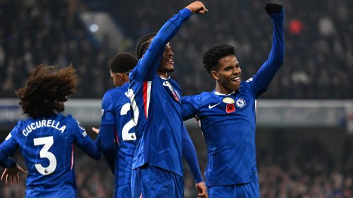 Joao Pedro and Estevao celebrate vs Wolves