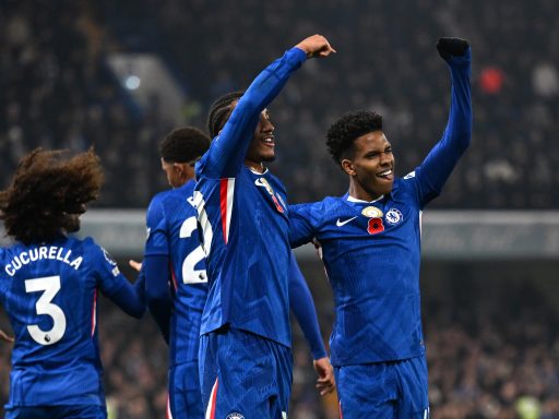 Joao Pedro and Estevao celebrate vs Wolves