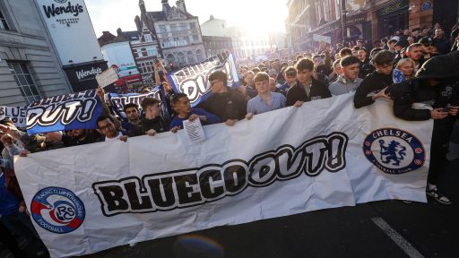 Chelsea fans protest against club owners, BlueCo prior to the Premier League match between Chelsea and Manchester United at Stamford Bridge