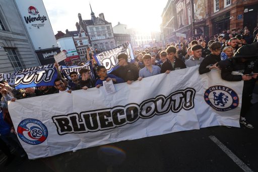 Chelsea fans protest against club owners, BlueCo prior to the Premier League match between Chelsea and Manchester United at Stamford Bridge
