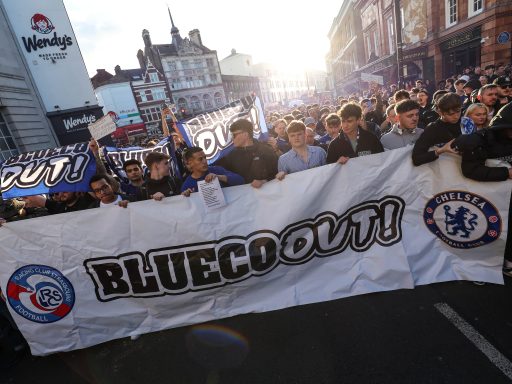 Chelsea fans protest against club owners, BlueCo prior to the Premier League match between Chelsea and Manchester United at Stamford Bridge
