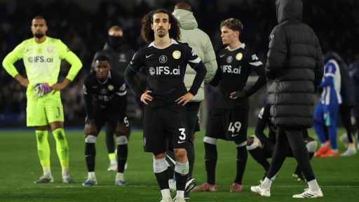 Marc Cucurella of Chelsea and teammates look dejected