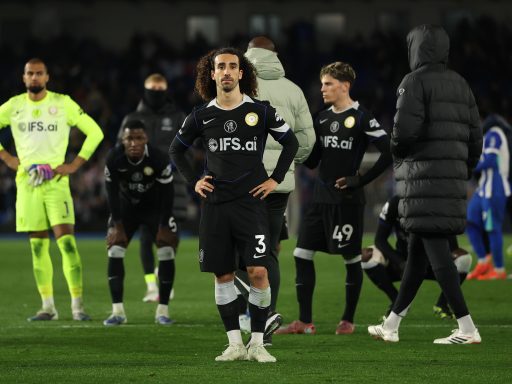 Marc Cucurella of Chelsea and teammates look dejected