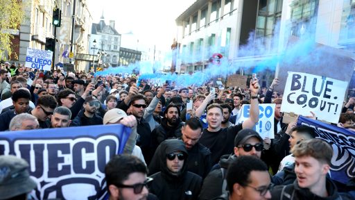 Chelsea fans protest against club owners, BlueCo prior to the Premier League match between Chelsea and Manchester United at Stamford Bridge