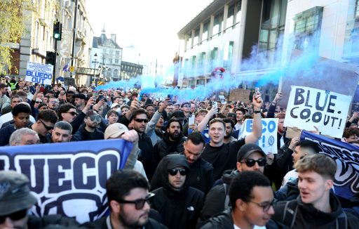 Chelsea fans protest against club owners, BlueCo prior to the Premier League match between Chelsea and Manchester United at Stamford Bridge