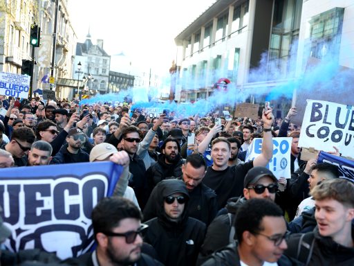 Chelsea fans protest against club owners, BlueCo prior to the Premier League match between Chelsea and Manchester United at Stamford Bridge