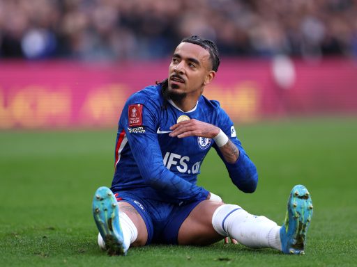 Malo Gusto of Chelsea reacts
