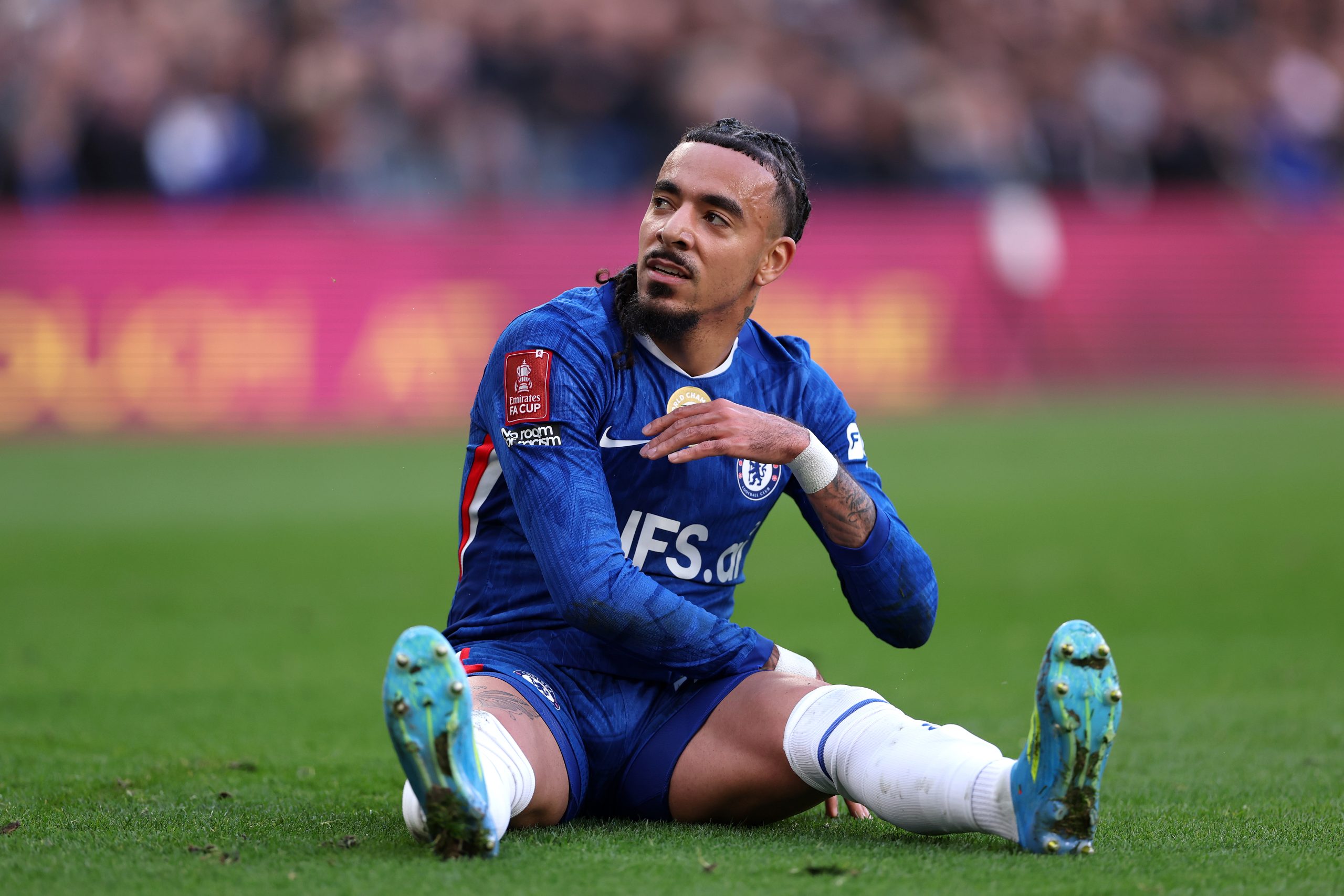 Malo Gusto of Chelsea reacts Malo Gusto of Chelsea reacts