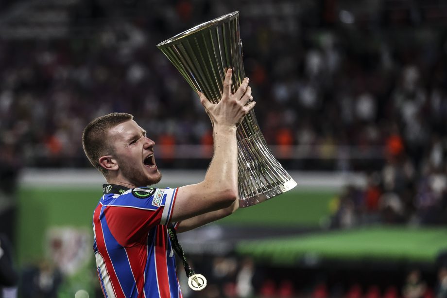 Adam Wharton lifts trophy with Crystal Palace.