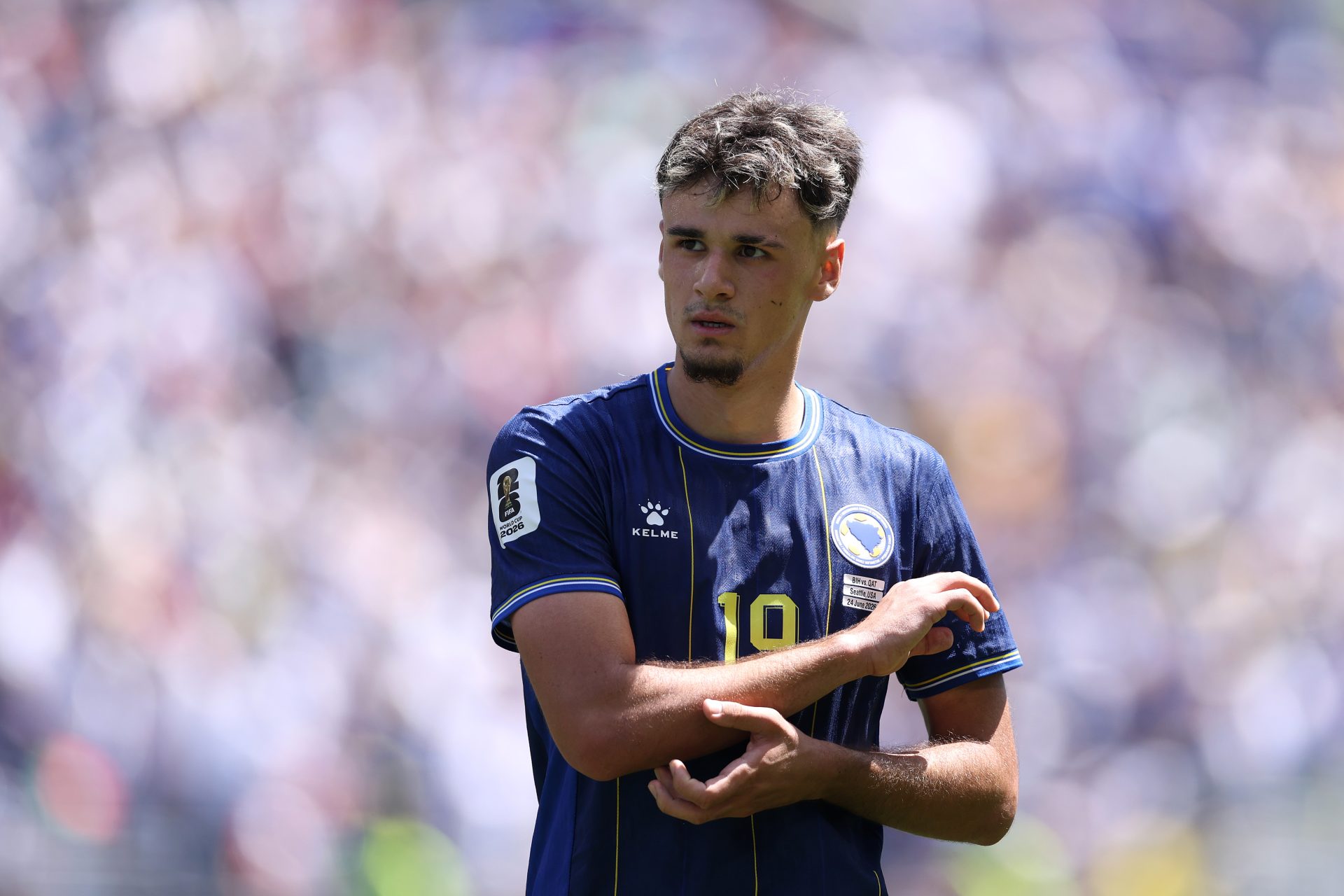 Kerim Alajbegovic #19 of Bosnia and Herzegovina in action during the FIFA World Cup 2026 Group B match between Bosnia and Herzegovina and Qatar at Seattle Stadium on June 24, 2026 in Seattle, Washington.