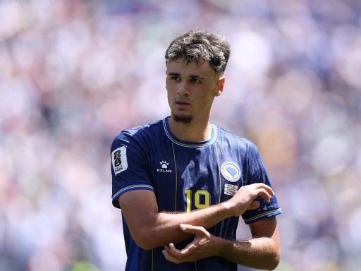 Kerim Alajbegovic #19 of Bosnia and Herzegovina in action during the FIFA World Cup 2026 Group B match between Bosnia and Herzegovina and Qatar at Seattle Stadium on June 24, 2026 in Seattle, Washington.