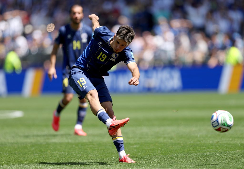Kerim Alajbegovic #19 of Bosnia and Herzegovina scores his team's first goal during the FIFA World Cup 2026 Group B match between Bosnia and Herzegovina and Qatar at Seattle Stadium on June 24, 2026 in Seattle, Washington. Kerim Alajbegovic #19 of Bosnia and Herzegovina scores his team's first goal during the FIFA World Cup 2026 Group B match between Bosnia and Herzegovina and Qatar at Seattle Stadium on June 24, 2026 in Seattle, Washington.