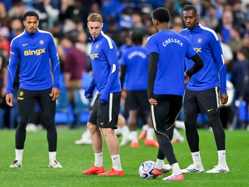 Cole Palmer of Chelsea FC participates in a drill with teammates during a Chelsea FC Open Training Session at Allianz Stadium