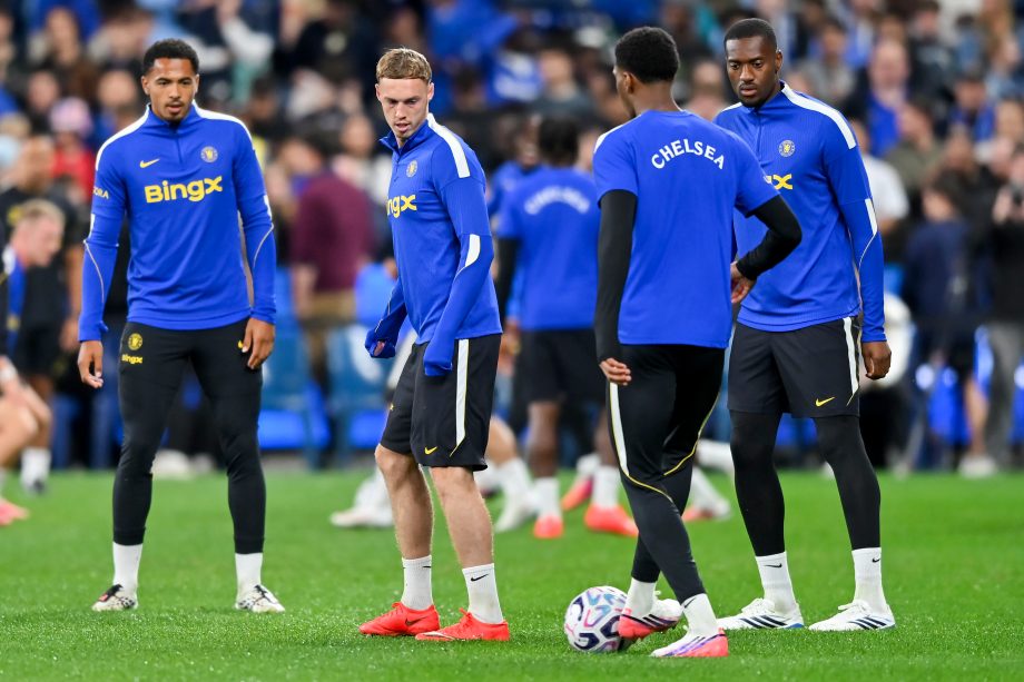 Cole Palmer of Chelsea FC participates in a drill with teammates during a Chelsea FC Open Training Session at Allianz Stadium