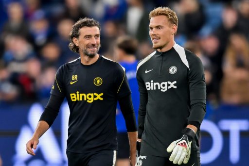 Goalkeeping Coach Ben Roberts of Chelsea FC talks to Filip Jorgensen of Chelsea FC during a Chelsea FC Open Training Session