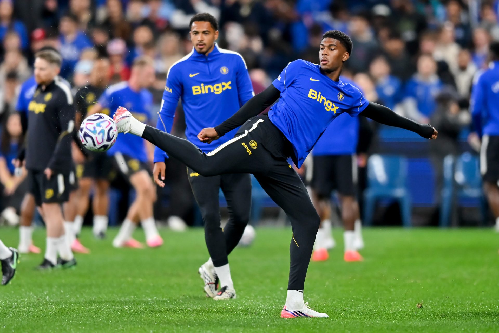 Josh Acheampong of Chelsea FC controls the ball during a Chelsea FC Open Training Session at Allianz Stadium