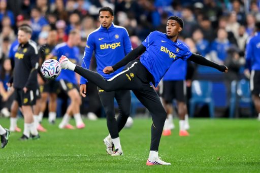 Josh Acheampong of Chelsea FC controls the ball during a Chelsea FC Open Training Session at Allianz Stadium