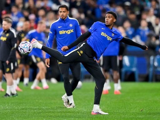 Josh Acheampong of Chelsea FC controls the ball during a Chelsea FC Open Training Session at Allianz Stadium
