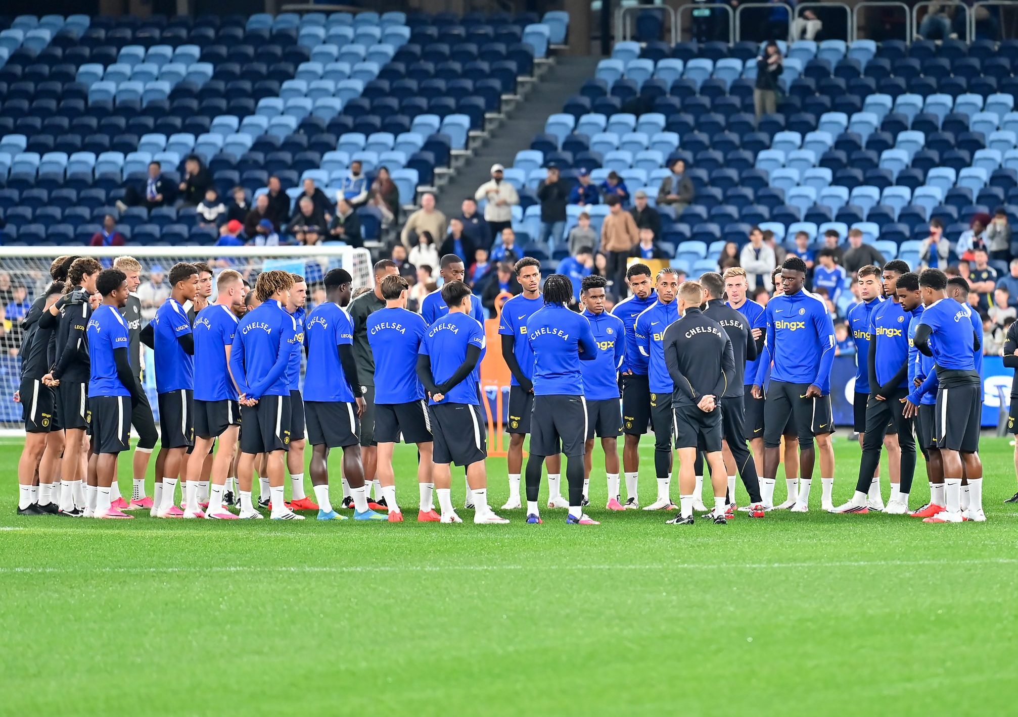 Chelsea players form a huddle during a Chelsea FC Open Training Session at Allianz Stadium in Australlia