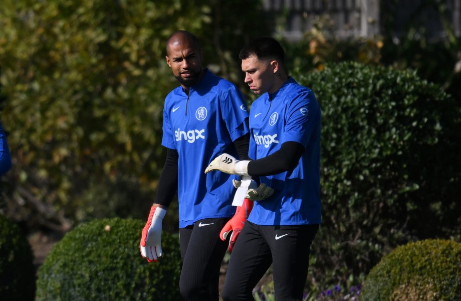 Robert Sanchez and Gabriel Slonina of Chelsea walk out during a Chelsea Training Session
