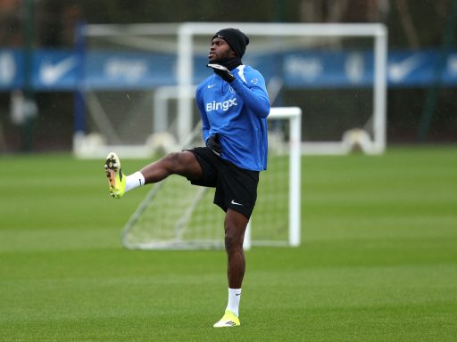 Benoit Badiashile of Chelsea warms up during a training session at Chelsea Training Ground