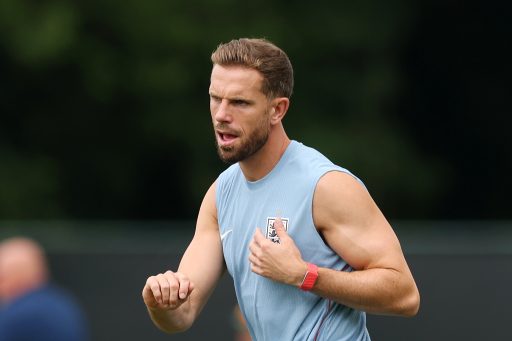 Jordan Henderson of England reacts during an England Training Session