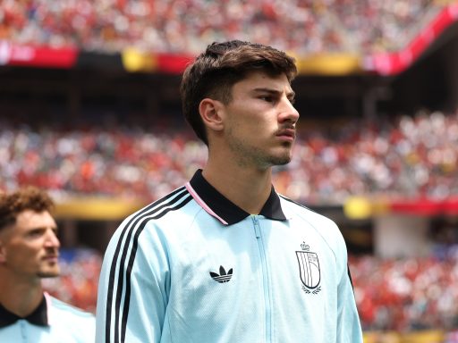 Mike Penders of Belgium lines up for the national anthem before the FIFA World Cup 2026