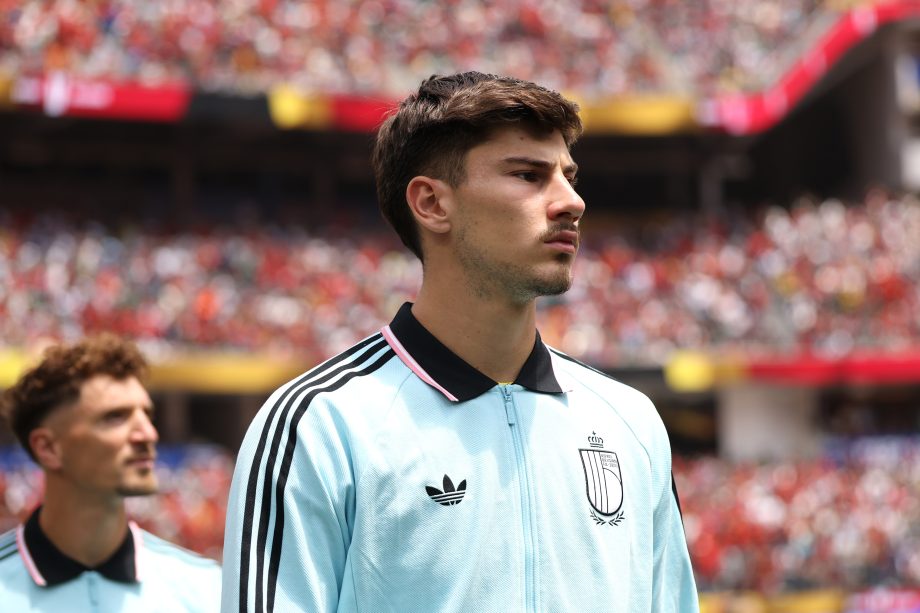 Mike Penders of Belgium lines up for the national anthem before the FIFA World Cup 2026