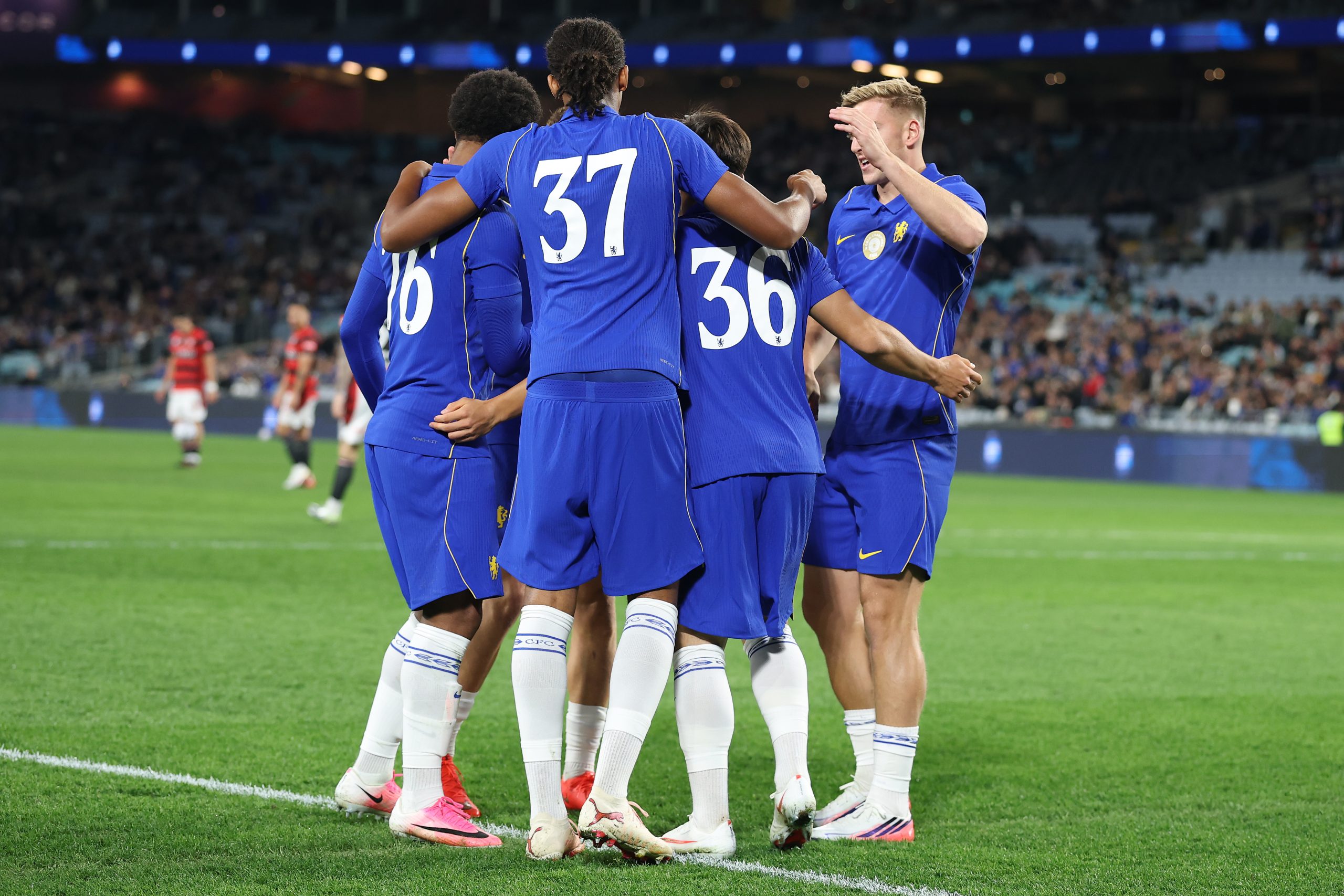 Chelsea celebrates a goal during the Sydney Super Cup match against Western Sydney Wanderers