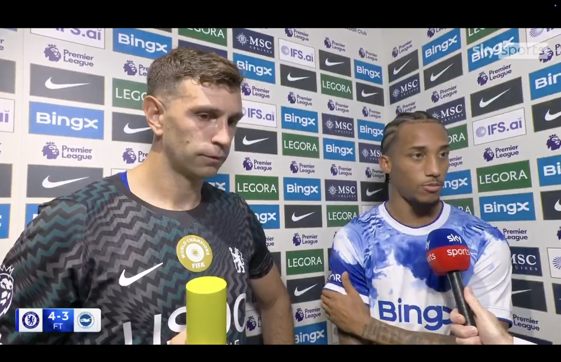 Emi Martinez and Joao Pedro speak after Chelsea's win