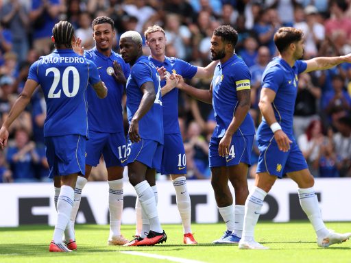Morgan Rogers of Chelsea celebrates scoring his team’s first goal with team mates Moises Caicedo, Cole Palmer and Reece James
