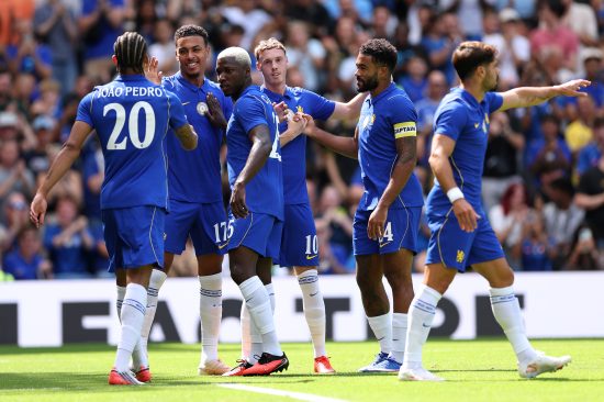 Morgan Rogers of Chelsea celebrates scoring his team’s first goal with team mates Moises Caicedo, Cole Palmer and Reece James