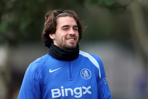 Marc Guiu of Chelsea reacts during a training session at Chelsea Training Ground