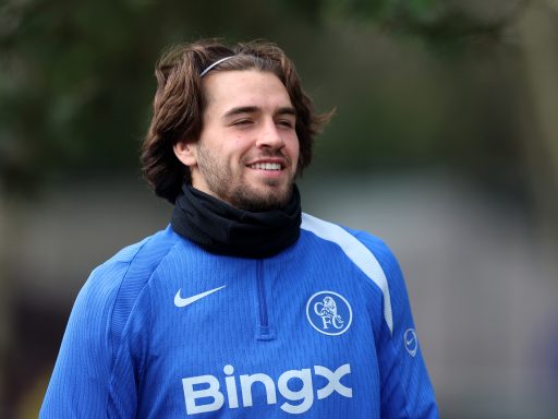 Marc Guiu of Chelsea reacts during a training session at Chelsea Training Ground