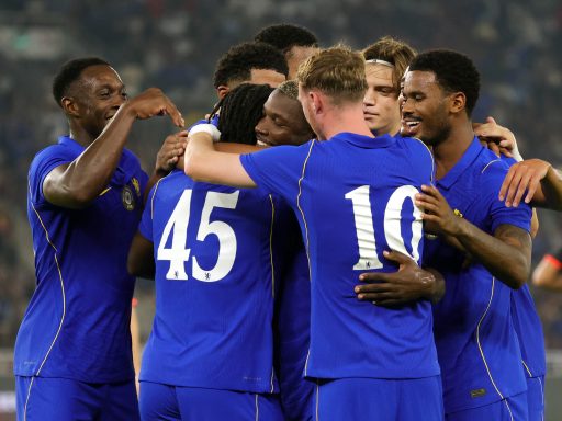 Moises Caicedo of Chelsea FC celebrates scoring with teammates after scoring the team's third goal during the pre-season friendly between Chelsea FC and AC Milan