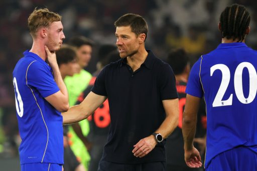 Manager Xabi Alonso of Chelsea FC speaks with Cole Palmer during the pre-season friendly between Chelsea FC and AC Milan at Gelora Bung Karno Stadium on August 08, 2026 in Jakarta, Indonesia.