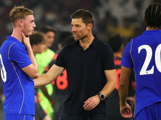 Manager Xabi Alonso of Chelsea FC speaks with Cole Palmer during the pre-season friendly between Chelsea FC and AC Milan at Gelora Bung Karno Stadium on August 08, 2026 in Jakarta, Indonesia.