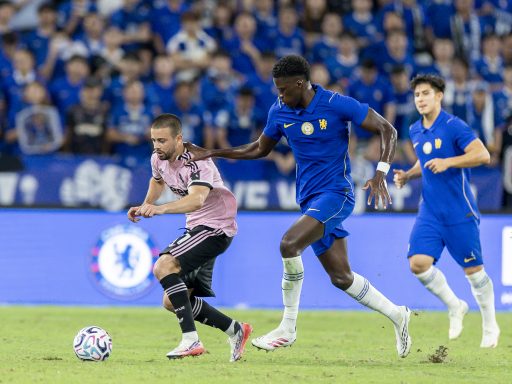 Mamadou Sarr of Chelsea FC (C) compete to the ball during the Chelsea v Juventus game