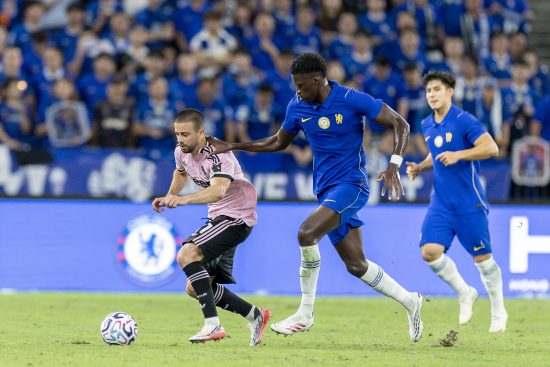 Mamadou Sarr of Chelsea FC (C) compete to the ball during the Chelsea v Juventus game