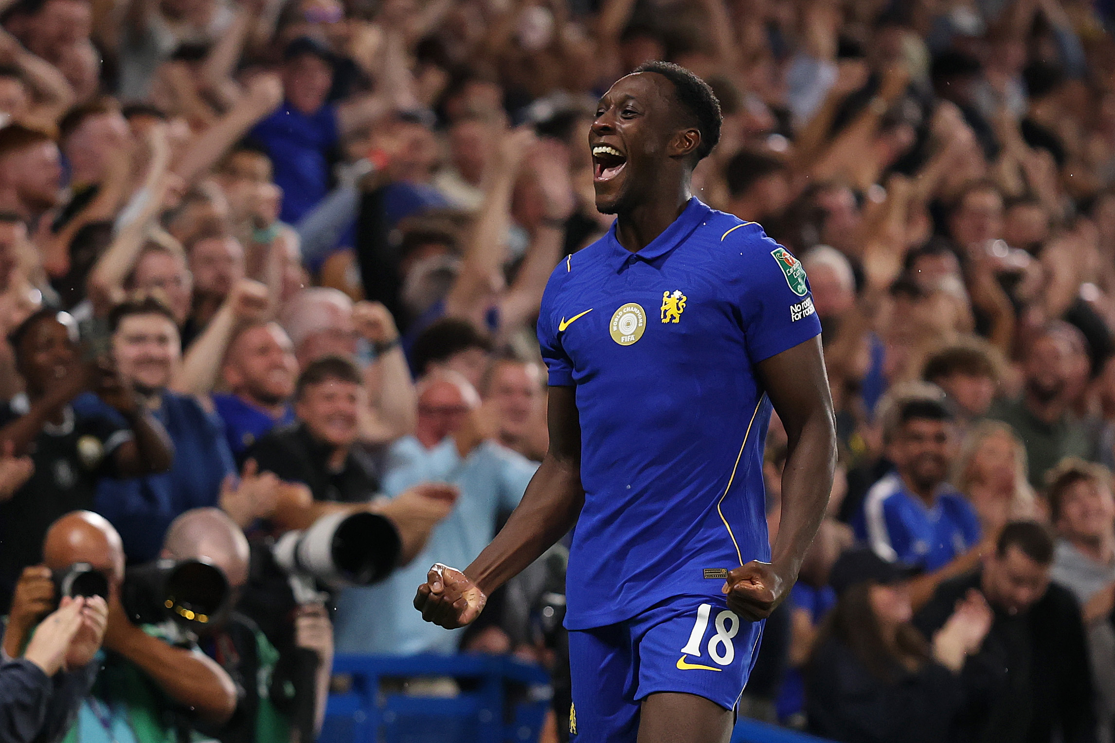 Danny Welbeck of Chelsea celebrates scoring his team’s first goal during the Carabao Cup Danny Welbeck of Chelsea celebrates scoring his team’s first goal during the Carabao Cup