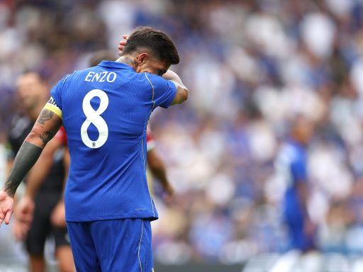 Enzo Fernandez of Chelsea reacts during the pre-season friendly match between Chelsea and Real Sociedad at Stamford Bridge